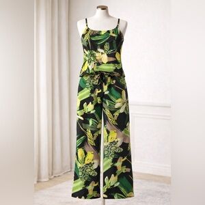 Bar III Black Tropical Print Wide-Leg Jumpsuit with Green & Yellow Accents